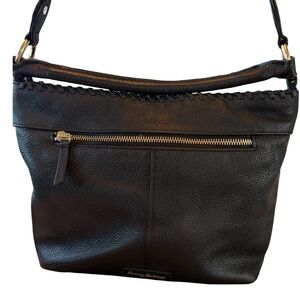 Tommy Bahama Black Pebble Leather Shoulder Bag with Front Zip-Dual Straps